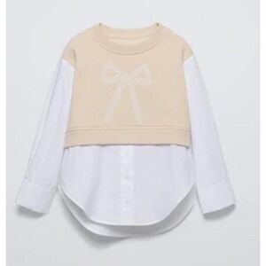 Kids Beige Bow Sweatshirt Layered White Button Down Shirt Top sz 13-14